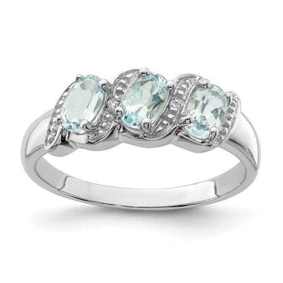 Sterling Silver Rhodium Aquamarine & Diamond Ring - March Birthstone - Picture 1 of 5